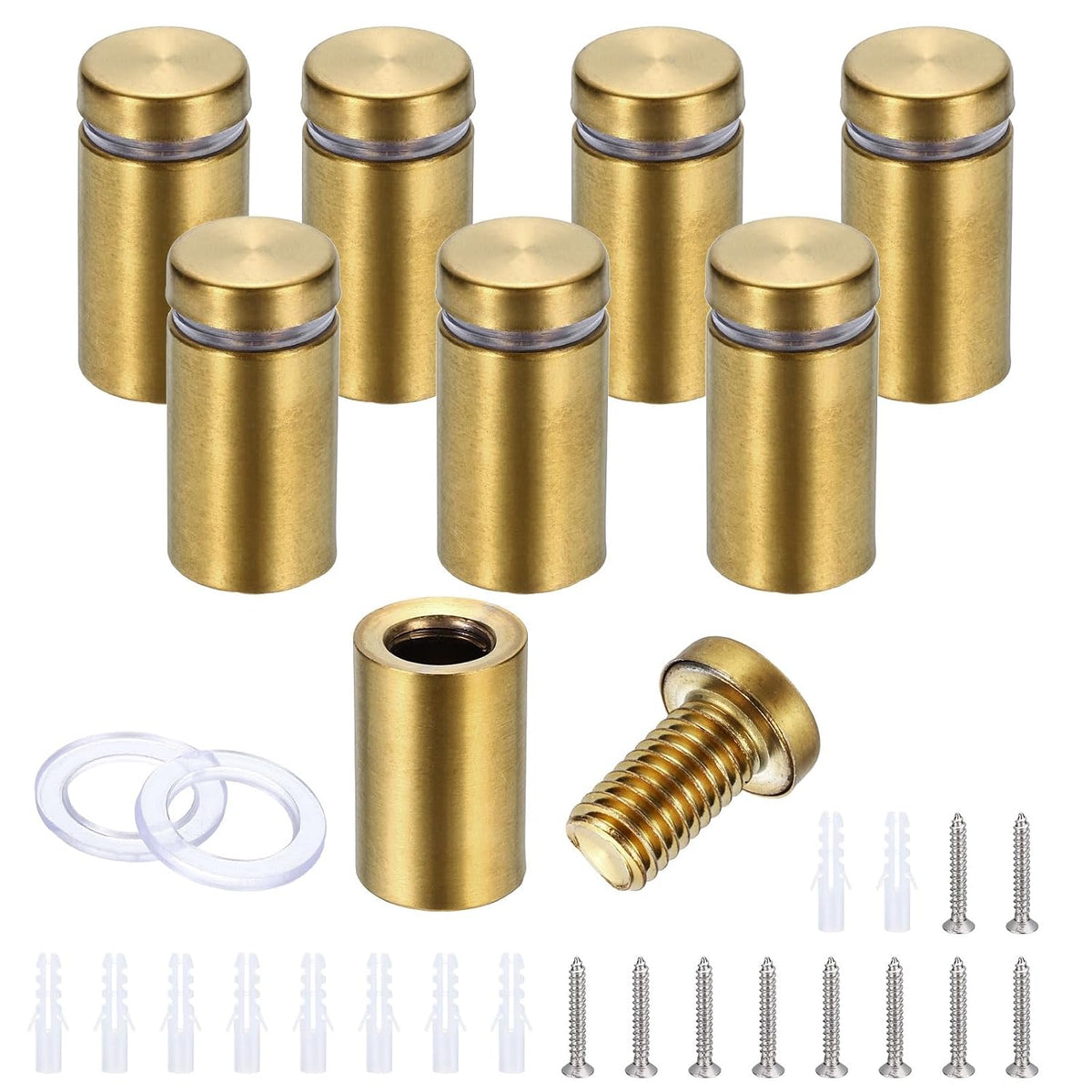 8 Pcs 5/8"x1-1/4" Standoff Screws, Stainless Steel Bathroom Mirror Wall Mounting Hardware Kit with Screws & Anchors for Acrylic Glass Sign Advertising Picture Frame, Gold