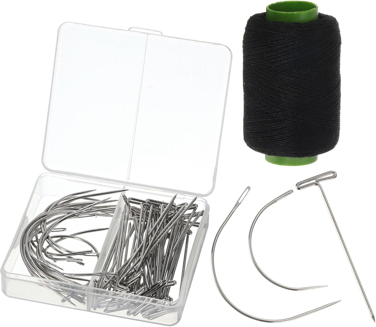 Needle and Thread Set for Weave, 70pcs - T Pins & C Curved Needle with Black Thread, Wig Making Pins for Hair Extensions Modelling Crafts (Silver)