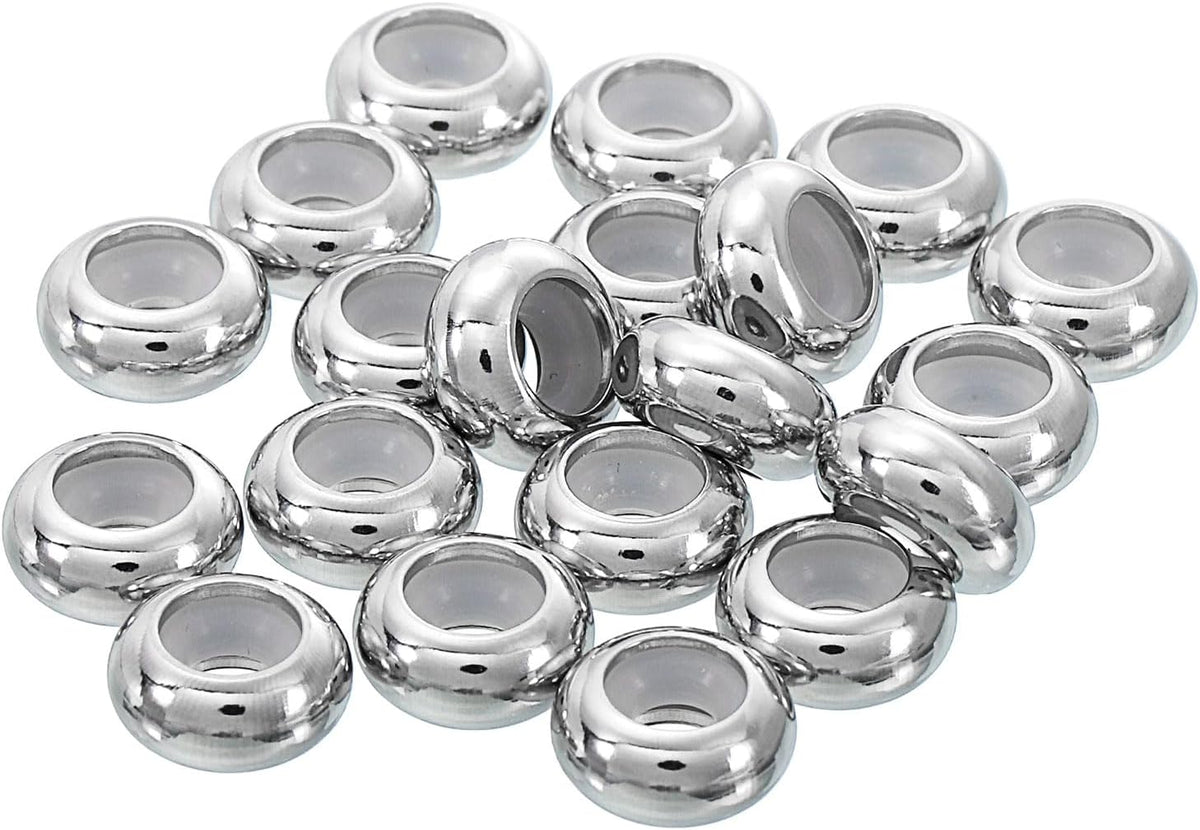 20pcs 10mmx3.5mm Insert Rubber Stopper Position Spacer Beads, Stainless Steel Adjustable Slider Beads for Jewelry Bracelet Making Silver