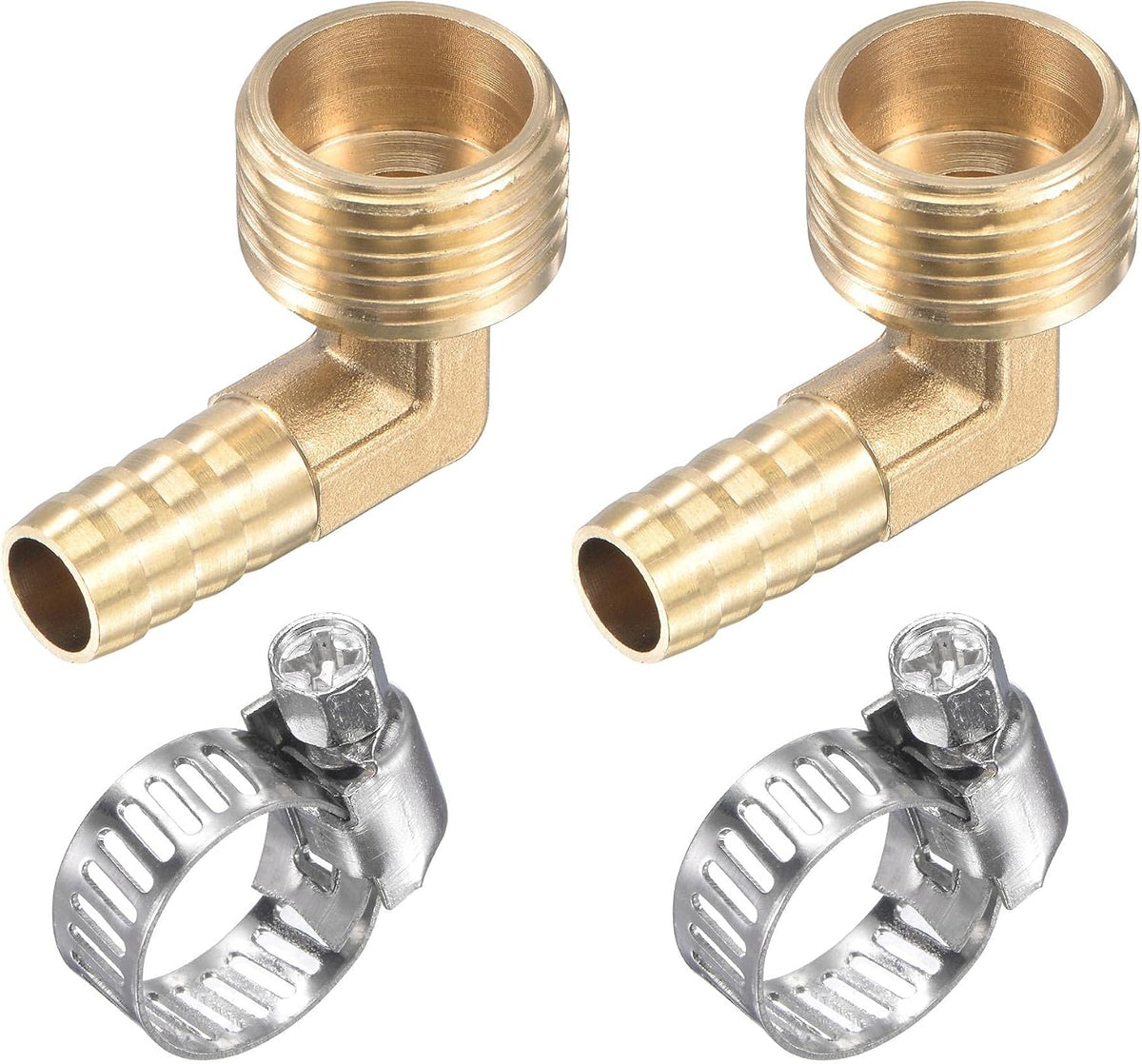 Brass Hose Barb Fitting Elbow 10mm x G1/2 Male Thread Right Angle Pipe Connector with Stainless Steel Hose Clamp, Pack of 2