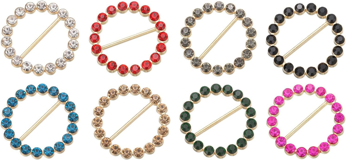 LinkMejor T-Shirt Clips, 8Pcs Alloy Rhinestone Scarf Buckle Shawl Tie Clips for Women, Red, Green, Black, White, Rose Red, Dark Green, Sapphire Blue, Brown