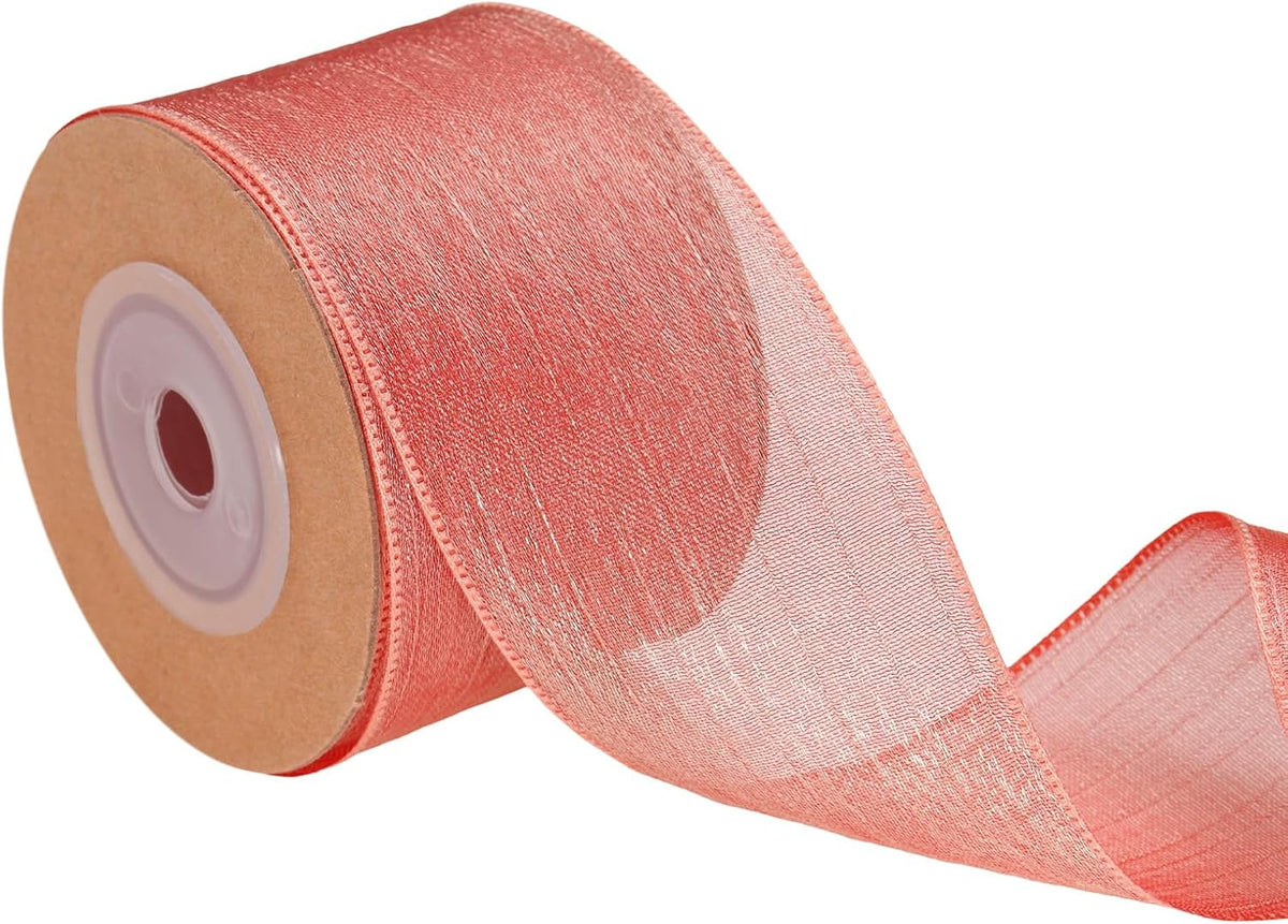 Wired Sheer Ribbon, 1-1/2 Inch x 10 Peach Metallic Sheer Wire Ribbon, Silky Fabric for DIY Craft Gift Wrapping Wedding Home Party Decorations