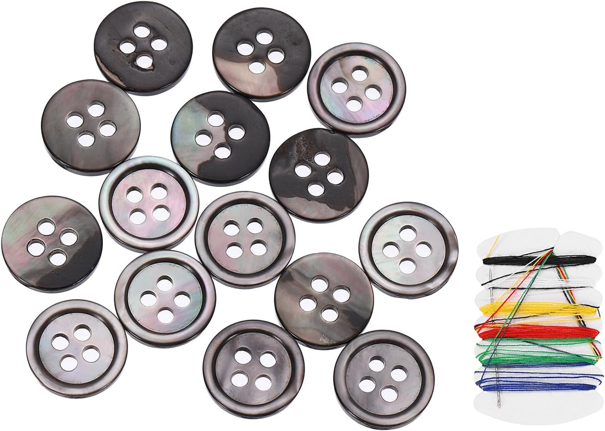 25Pcs Natural Shell Button, 4 Hole 11.5mm Mother of Pearl Buttons with Sewing Thread Kit for Shirt Coats Suits Jacket Jeans Skirts DIY Sewing Crafts, Black