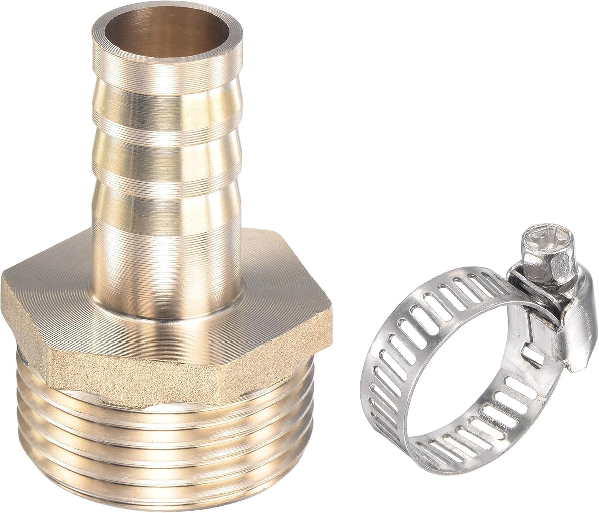 Brass Hose Barb Fitting Straight 16mm x G1 Male Thread Pipe Connector with Stainless Steel Hose Clamp, Pack of 1