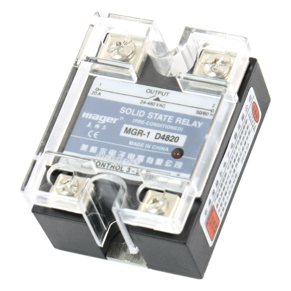 Single SSR Solid State Relay with Clear Cover, DC-AC 3-32V 24-480V 20A