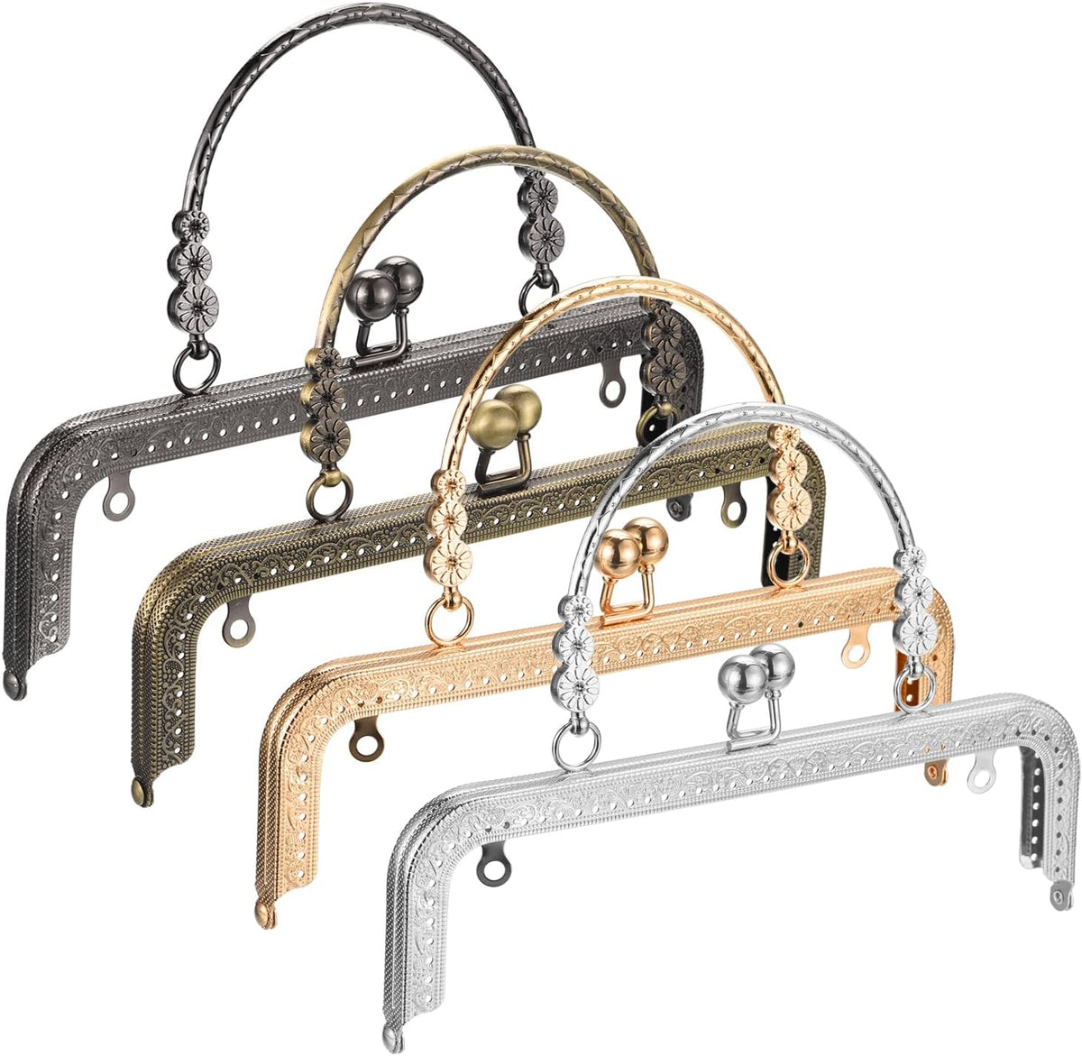 Metal Purse Frames, 8.07" 4Pcs Kiss Lock Clasp Frame Clutch Square Embossed for Coin Purse Bag DIY, Bronze, Gold, Grey, Silver