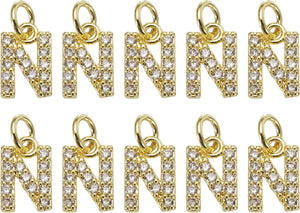 Rhinestone Letter Charm, 10pcs Crystal Zirconia Copper Alphabet N Pendants Slider Letter Charm for Wristbands Bracelets Necklace Jewelry Earring DIY Craft, Gold