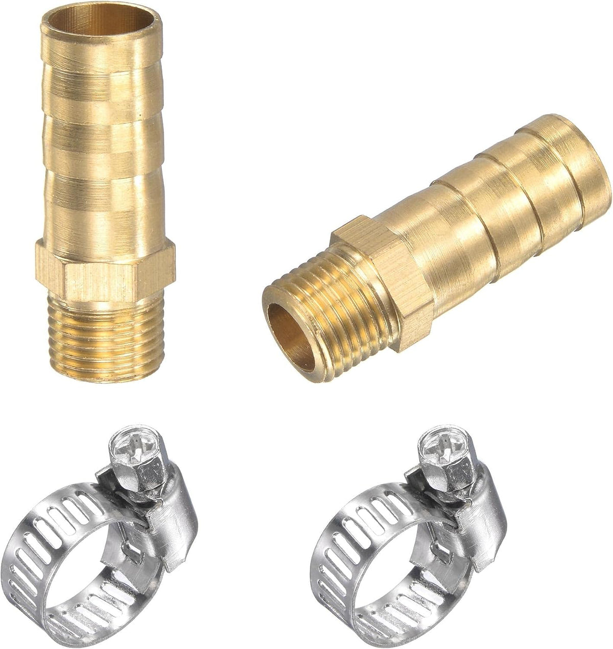 Brass Hose Barb Fitting Straight 10mm x G1/8 Male Thread Pipe Connector with Stainless Steel Hose Clamp, Pack of 2