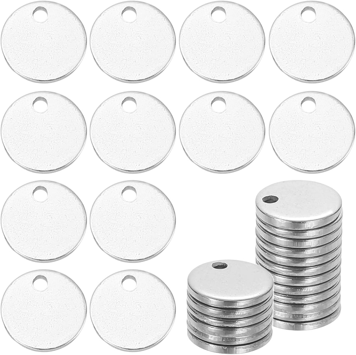 58 Pcs 304 Stainless Steel Flat Round Blank Stamping Tags, 8mm/0.3" Disc Metal Stamping Blanks with Hole for Jewelry Making DIY Crafts Pendants Label