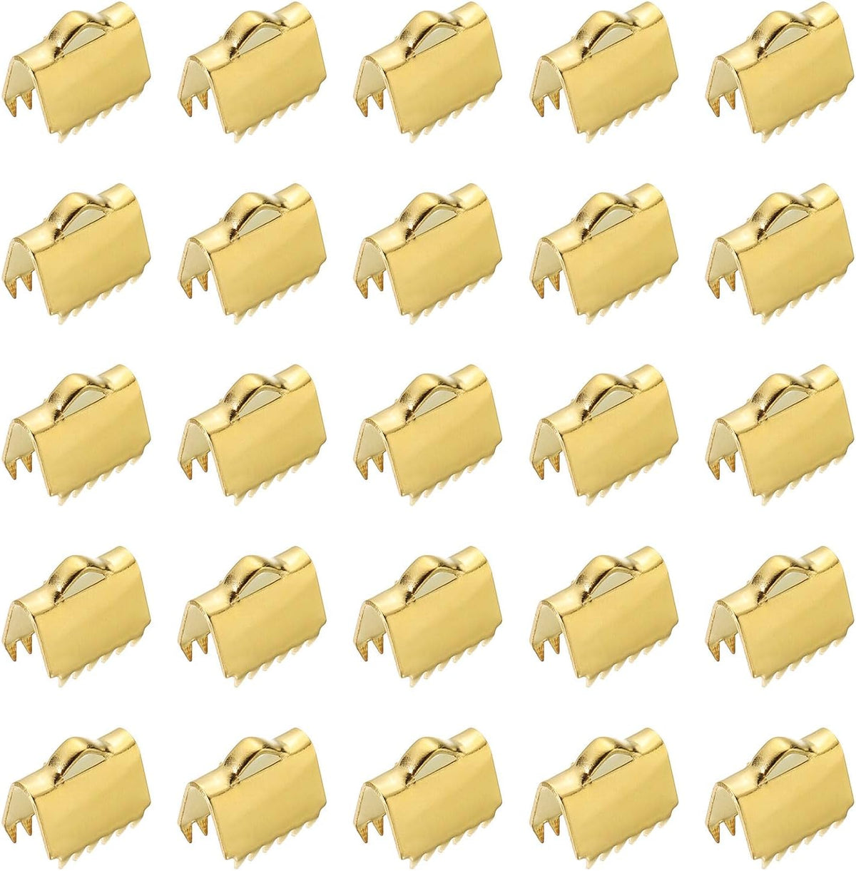 25Pcs Ribbon End Crimp Clamps, 10.5mm Pinch Cord End Clasps Stainless Steel Curled Bead Clasps for Ribbon Lace Bookmark Ends Keychain DIY Making, Gold