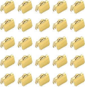 25Pcs Ribbon End Crimp Clamps, 10.5mm Pinch Cord End Clasps Stainless Steel Curled Bead Clasps for Ribbon Lace Bookmark Ends Keychain DIY Making, Gold
