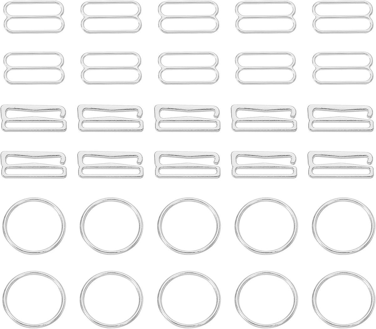 60 Pcs Bra Strap Hook Kit, 3 Styles 18mm Strap Replacement Zinc Alloy Adjustable Slide Hooks for Bathing Suit Top Lingerie Sewing, Bathing Suit Clasp, Silver