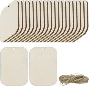 36pcs Rounded Rectangle Blank Wood Tags with Hole 2.8 x 4.3 Inch Unfinished Wood Pieces Wooden Gift Tags with 32.8 Ft Rope for Craft Projects, Hanging Decorations, Gift Making