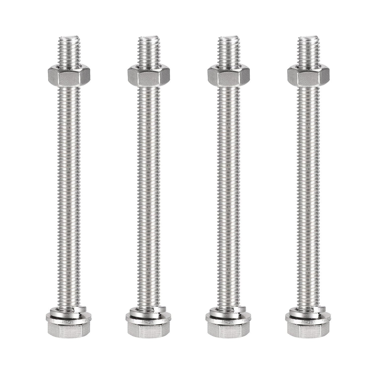 M10 x 130mm Hex Head Screws Bolts, Nuts, Flat & Lock Washers Kits, 304 Stainless Steel Fully Thread Hexagon Bolts 4 Sets