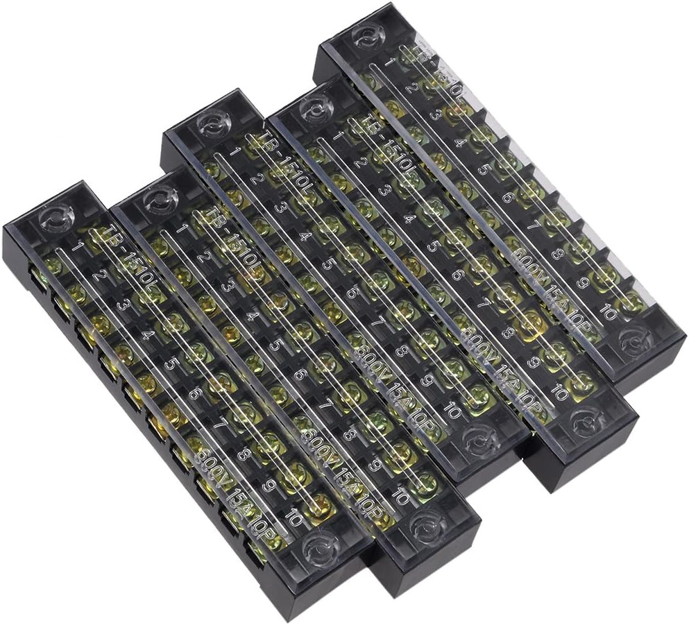 5 Pcs 10 Positions Dual Rows 600V 15A Wire Barrier Block Terminal Strip TB-1510L