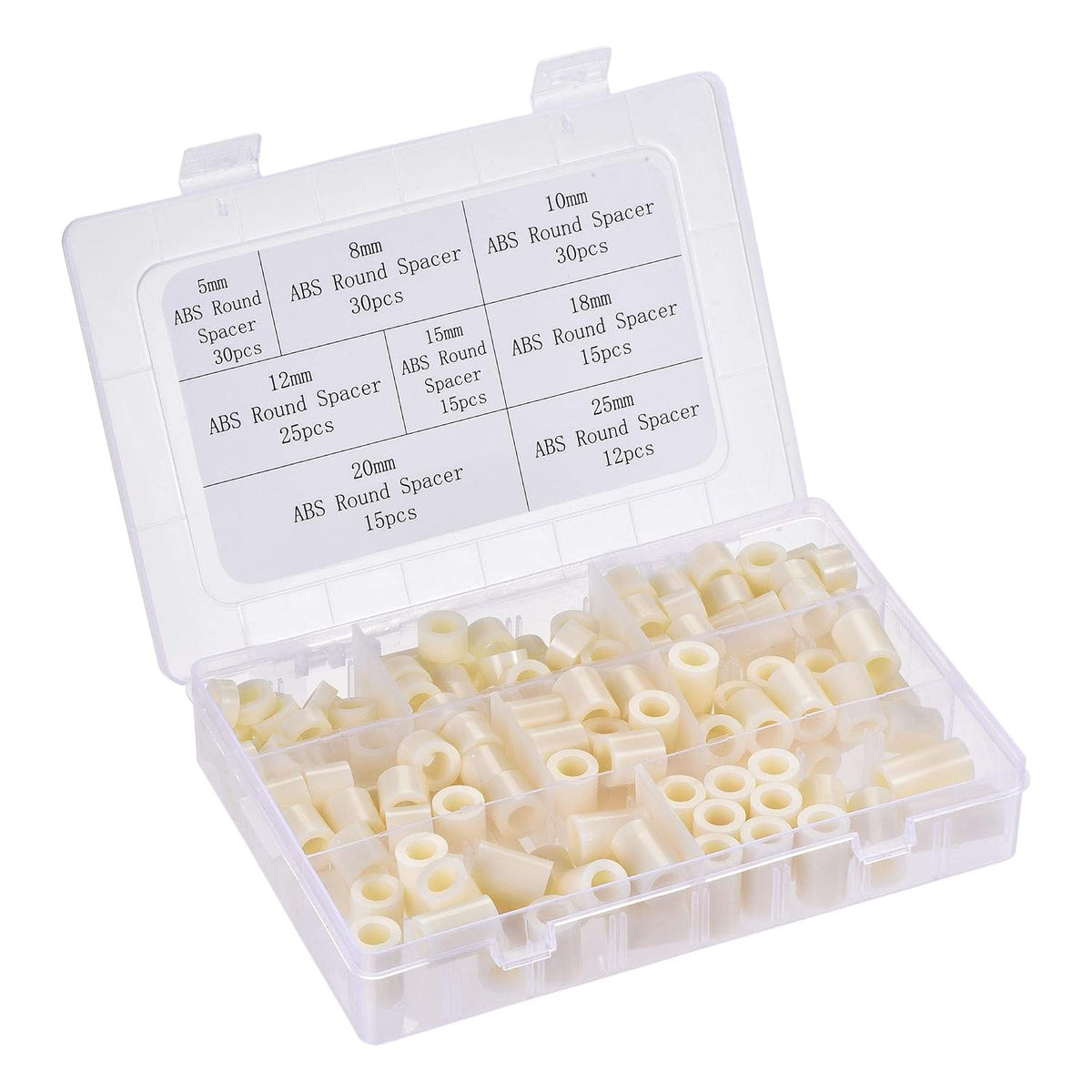 ABS Round Spacer Assortment Kit ID 8.2mm OD 14mm for M8 Screws, 8 Sizes Plastic Standoff (5mm 8mm 10mm 12mm 15mm 18mm 20mm 25mm), 172pcs