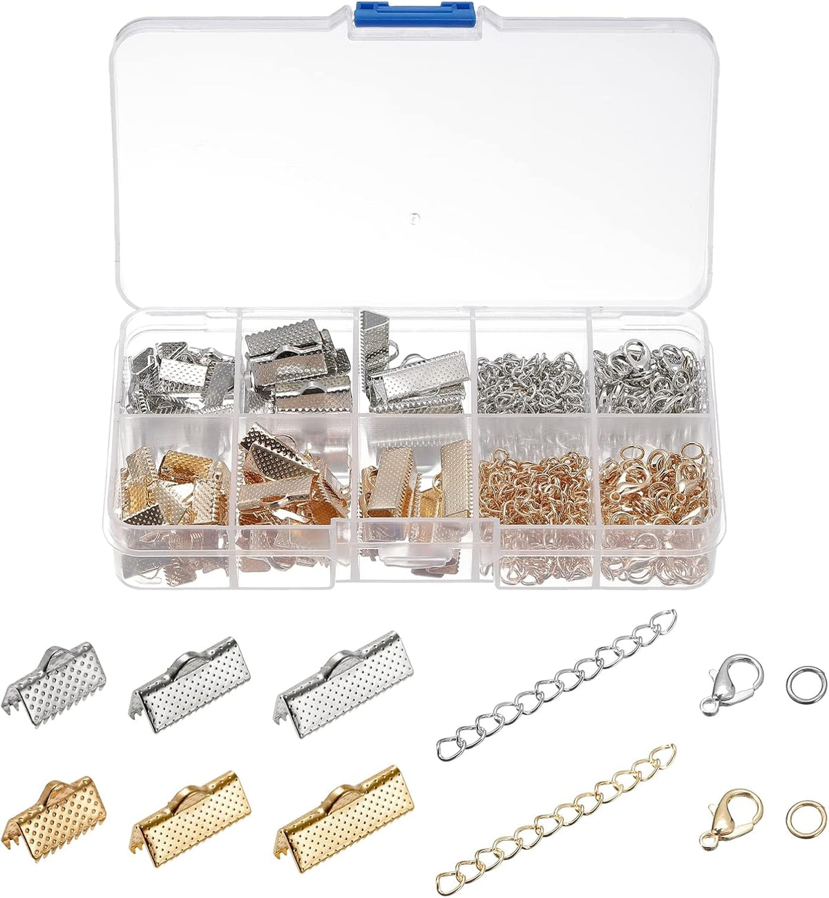 Jewelry Making Kit, 10/16/20mm Ribbon Crimp Clamp Ends, Bookmark Pinch with Jump Rings, Lobster Clasps, and Extension Chains for DIY Ribbon Bracelet