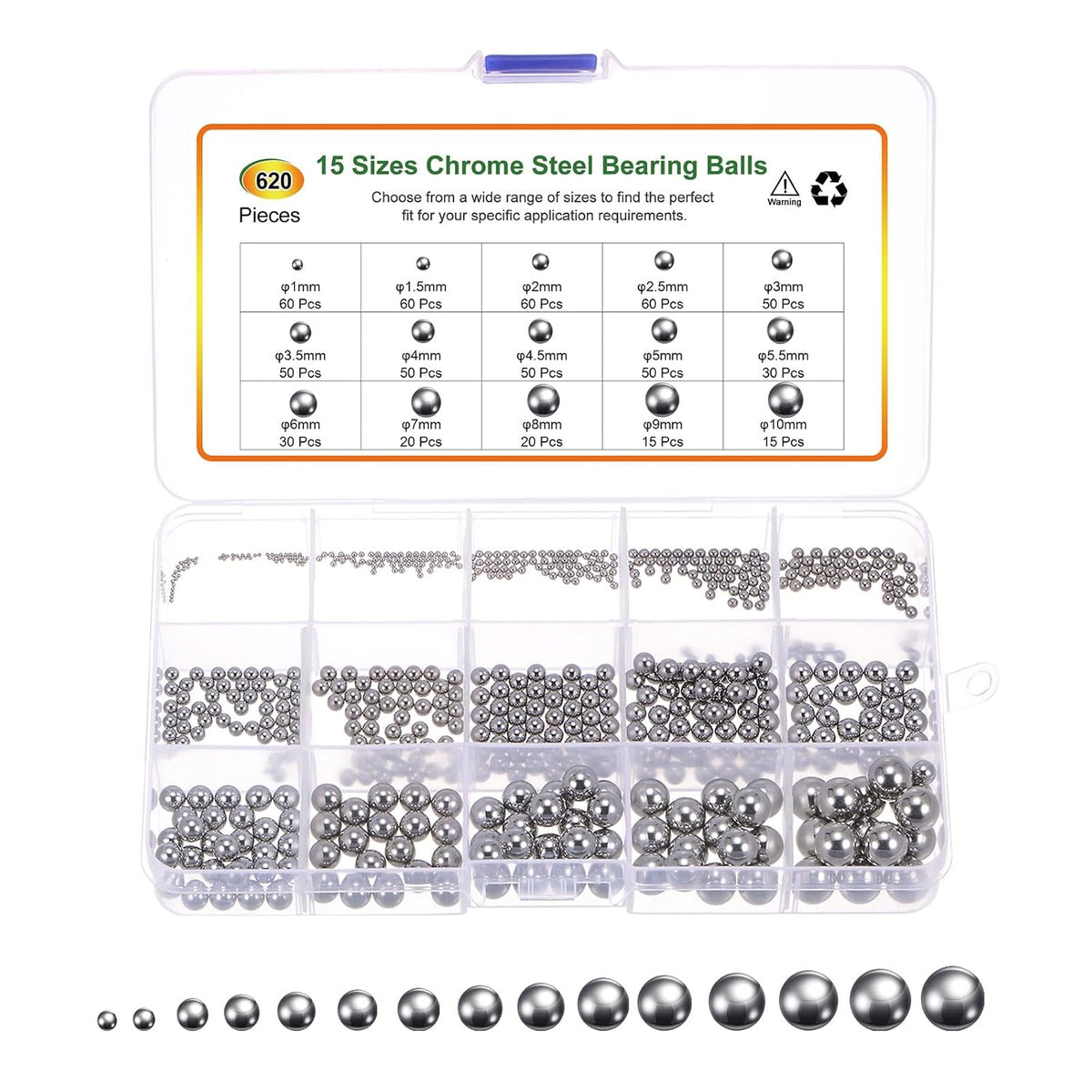 620pcs G10 Precision Balls Assortment Kit 1mm - 10mm 15 Sizes Chrome Steel Solid Bearing Balls