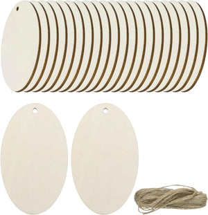 36pcs Oval Blank Wood Tags with Hole 4 x 2.4 Inch Unfinished Wood Pieces Wooden Gift Tags with 32.8 Ft Rope for Craft Projects, Hanging Decorations, Gift Making