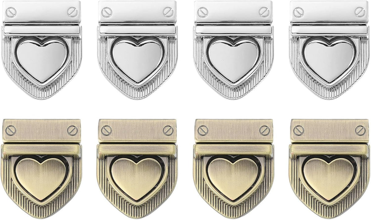 LinkMejor 8Set Turn Lock Clasp Kit, Heart Press Lock Clasp Closure Twist Turn Locks Hardware Buckle Fasteners for Purse Leather Making (28x32mm, Silver, Bronze)