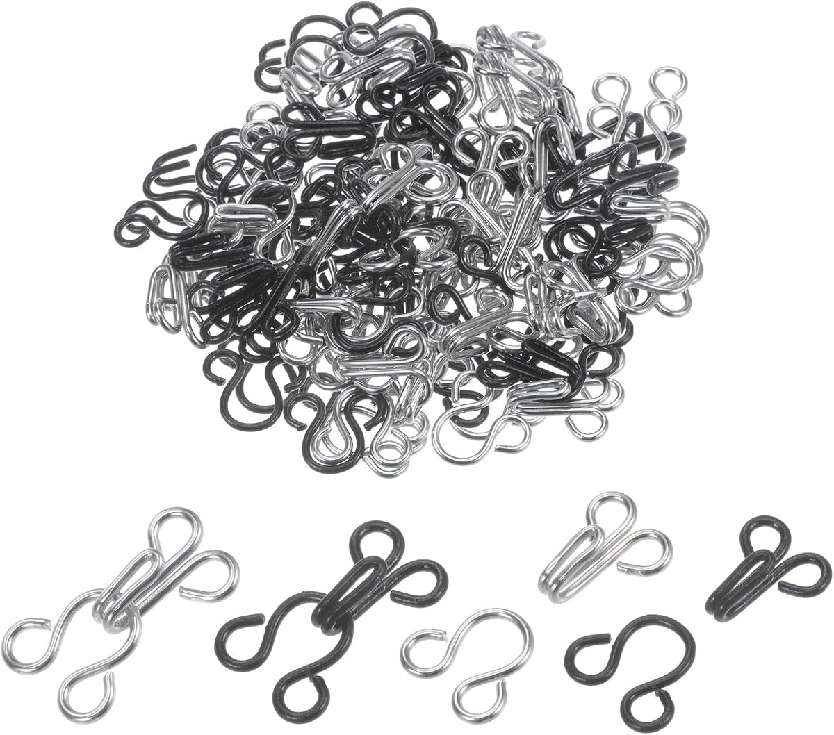 120 Sets Sewing Hooks and Eyes Closure Set, Copper Metal Rust Proof 21.5mmx11mm Large Black & Silver Tone Bra Hooks Replacement for Trouser Skirt Dress Pants