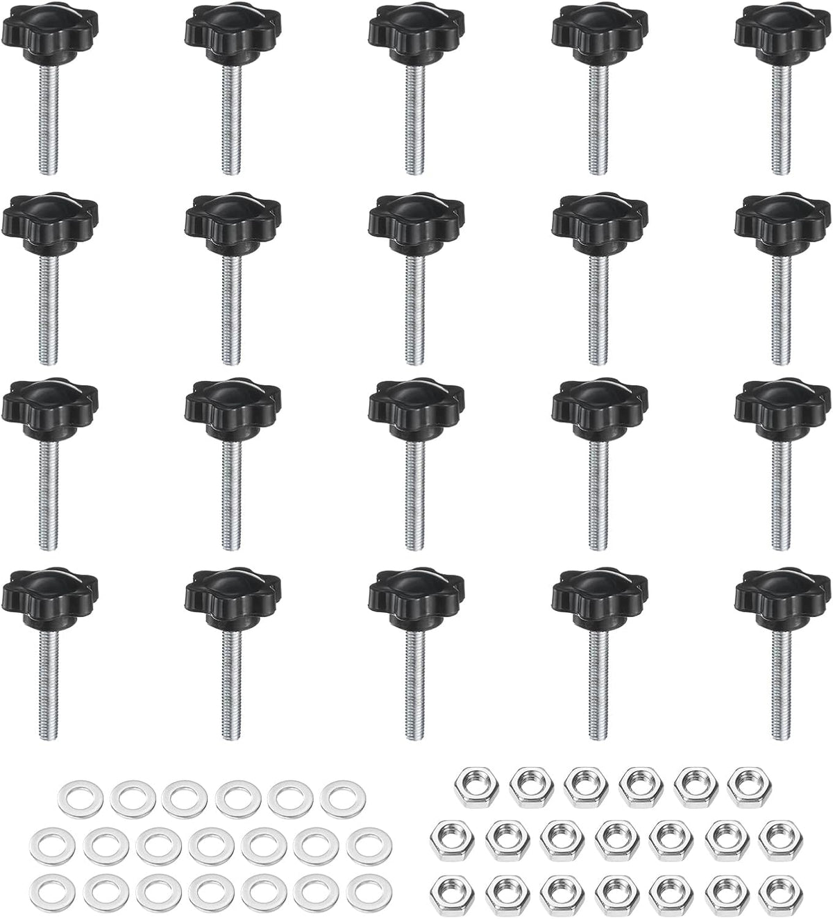 20pcs Star Clamping Knobs with Nuts Washers, M5 x 30mm Metric Zinc Plated Carbon Steel Male Thread 25mm 6-Star Plastic Head, Threaded Stud Hand Knobs Handles Thumb Screws, Black