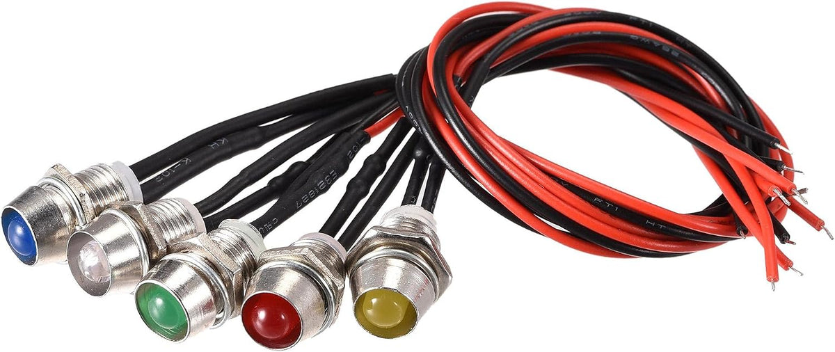 LED Signal Indicator Lights AC/DC 12V 8mm Panel Mount Metal Shell Warning Lamps Red Yellow Blue Green White 5Pcs, for Industrial Electrical Car Motorcycles Boat