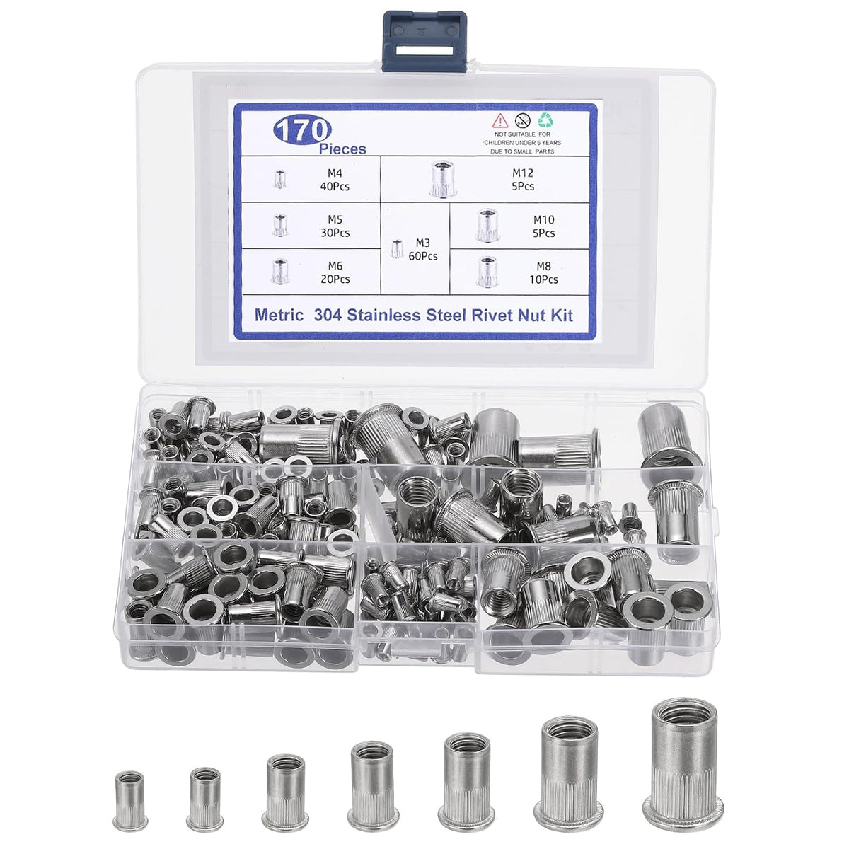 170 Pcs Rivet Nut, 304 Stainless Steel Metric Thread Rivet Nuts Kit Flat Head Threaded Insert Nuts M3/ M4/ M5/ M6/ M8/ M10/ M12 for Automotive, Home Decor and Industrial