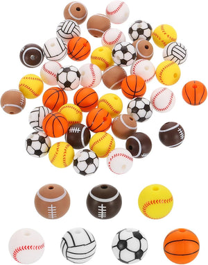 Sports Ball Beads, 100Pcs 12mm - Silicone Round Spacer Focal Beads, Rubber Loose Print Sports Beads for Keychain Making Pens DIY Crafts Necklace Bracelet Lanyard (7 Styles)
