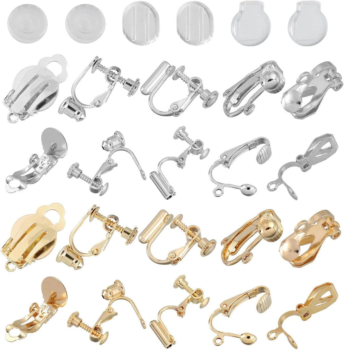 Clip-on Earring Converter with Silicon Earring Pads, 60Pcs - Clip-on Earring Findings, Earring Clips for Non-Pierced Ears with Easy Open Loop (White & Gold)