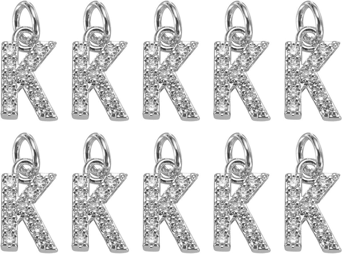 LinkMejor Rhinestone Letter Charm, 10pcs Crystal Zirconia Copper Alphabet K Pendants Slider Letter Charm for Wristbands Bracelets Necklace Jewelry Earring DIY Craft, Silver