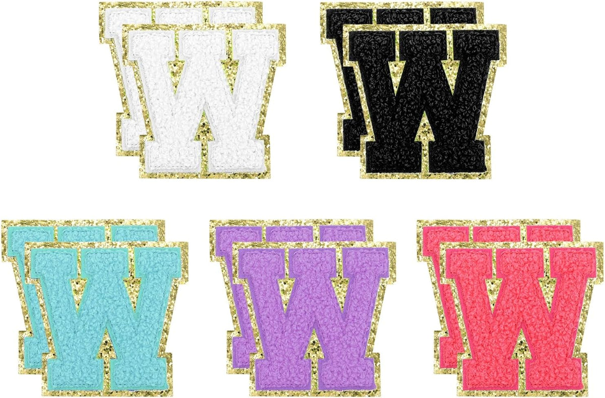 LinkMejor 10pcs Glitters Chenille Letter Patches 5.5 cm/2.2 Inch Chenille Iron-On Letter Patches Applique for Clothing Hats Jeans Shoes Bags (Rose Red/Purple/Blue/Black/White, W)