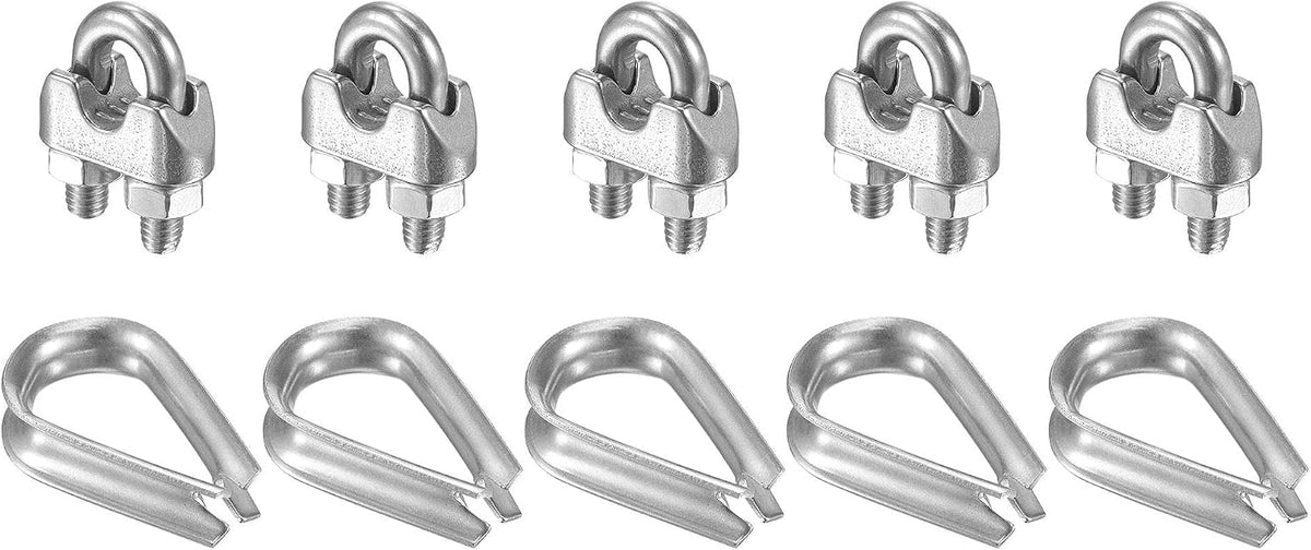 Wire Rope Cable Clip Kit for M6, Included Rope Clamp 5Pcs and Thimble Rigging 5Pcs, 304 Stainless Steel U Bolt Saddle Fastener