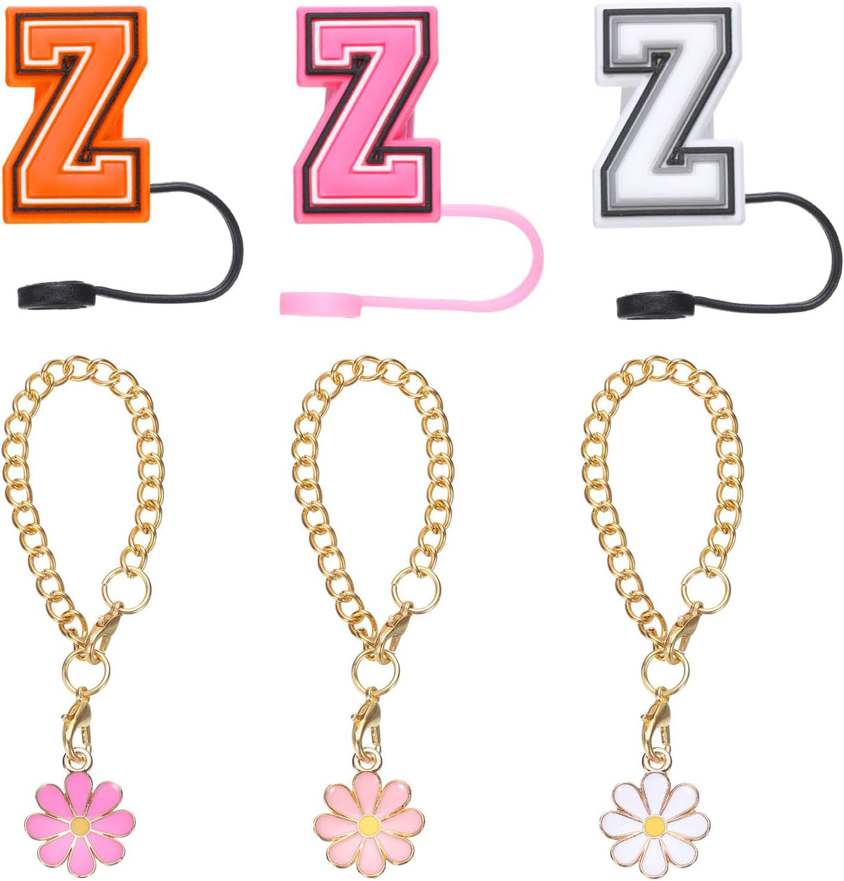 3pcs Flower Charm Cup Accessories with 3pcs 10mm Letter Z Straw Cover Cap Capital Letter and Silicone Leak Stopper for Name ID Personalized Charm Tumbler Cup, Orange/White/Red