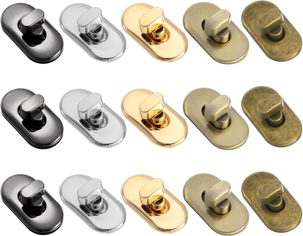 15pcs Turn Lock Clasp, Alloy Purse Closures Oval Twist Lock Fasteners Bag Hardware Accessories for Leather DIY Handbag Wallet Craft, Multicolor
