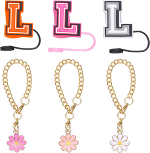 3pcs Flower Charm Cup Accessories with 3pcs 10mm Letter L Straw Cover Cap Capital Letter and Silicone Leak Stopper for Name ID Personalized Charm Tumbler Cup, Orange/White/Red