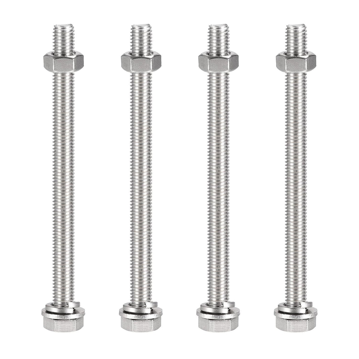 M10 x 140mm Hex Head Screws Bolts, Nuts, Flat & Lock Washers Kits, 304 Stainless Steel Fully Thread Hexagon Bolts 4 Sets