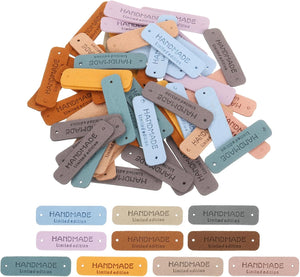100 Pcs Handmade Leather Labels, PU Leather Handmade Tags Button with Hole Embossed Tag for Embellishment DIY Sewing Crafts, 55 x 15mm, 10 Colors
