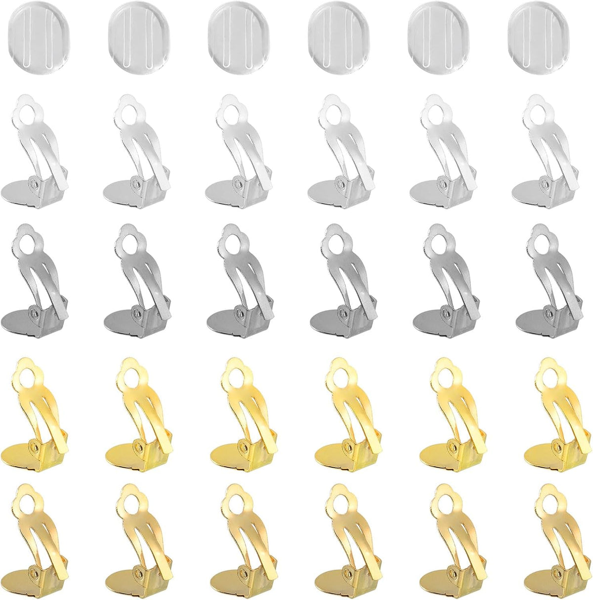 Clip-on Earring Converter with Silicon Earring Pads, 32Pcs - Clip-on Earring Findings, Round Flat Back Tray Earring Clips with Easy Open Loop (White,Silver,Imitation Gold,Gold)