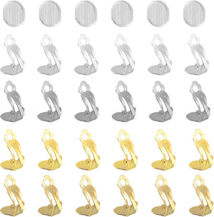 Clip-on Earring Converter with Silicon Earring Pads, 32Pcs - Clip-on Earring Findings, Round Flat Back Tray Earring Clips with Easy Open Loop (White,Silver,Imitation Gold,Gold)