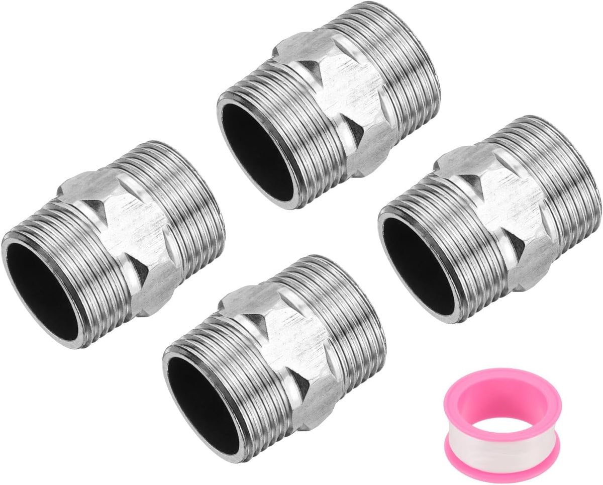 4pcs Hex Nipple Stainless Steel Pipe Fitting G3/4" Male x G3/4" Male Threaded Pipe Adapter Pipe Connector with PTFE Tape for Water, Gas, Fuel Pipeline (Silver Tone, 34mm/1.3")