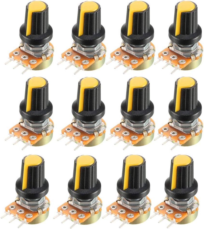 12Pcs 100K Ohm Variable Resistors Single Turn Rotary Carbon Film Taper Potentiometer with Knobs