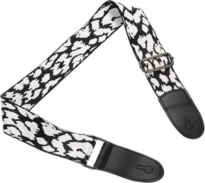 Guitar Strap, Cotton Webbing Leather Ends Straps Vintage Embroidered 2" Wide Adjustable Straps with Black Buckle for Acoustic, Electric, Bass Guitars, White Leopard