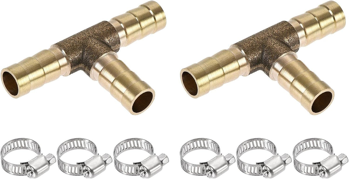 Barb Hose Fitting 8mm OD Tee T Shape Pipe Connector Brass 2Pcs with 6Pcs 6-12mm Hose Clamps
