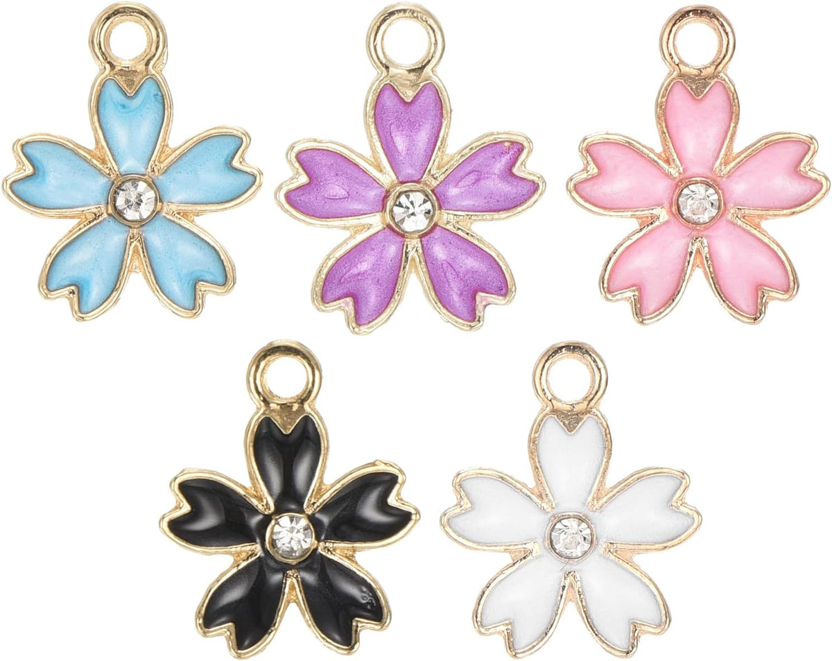 20 Pcs Cherry Blossoms Charm Pendants, Gold Plated Pendants DIY for Keychain Craft, 17x14mm, Purple/White/Blue/Black/Pink