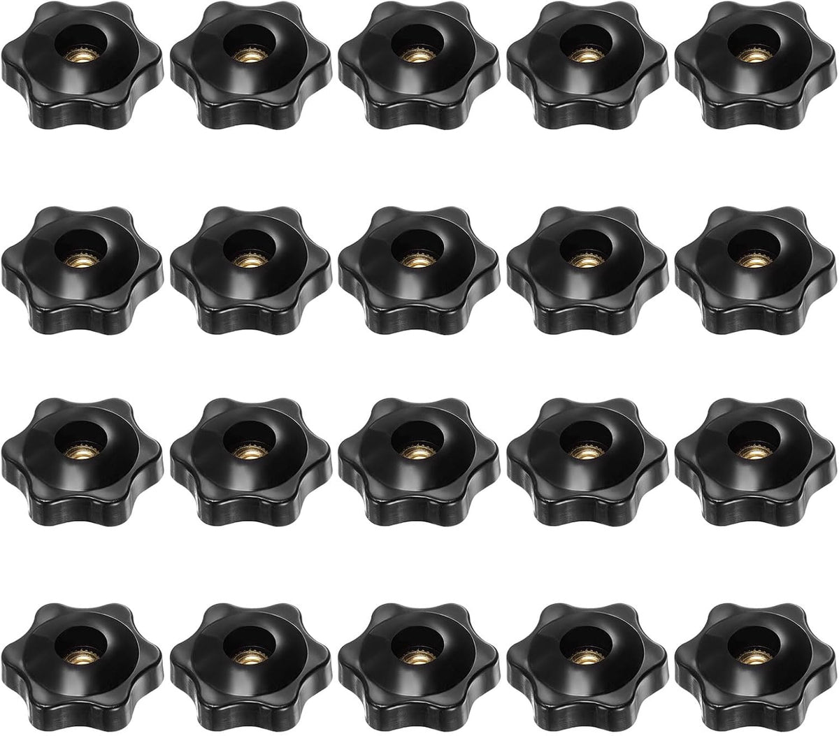 20pcs 6-Star Knobs 1/4-20 Female Thread 32mm 6-Point Star Plastic Head Through Hole Brass Insert Screw-in Threaded Hand Knob Clamping Handles Jig Knobs, Black
