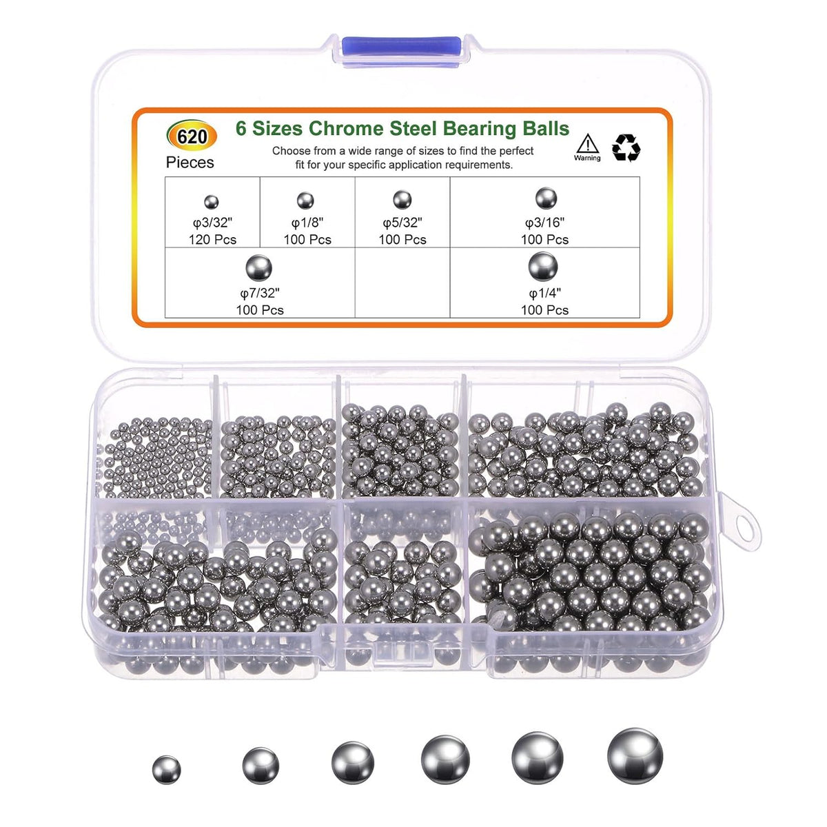 620pcs G200 Precision Balls Assortment Kit 1/4" 3/16" 7/32" 5/32" 1/8" 3/32" 304 Stainless Steel Solid Bearing Balls