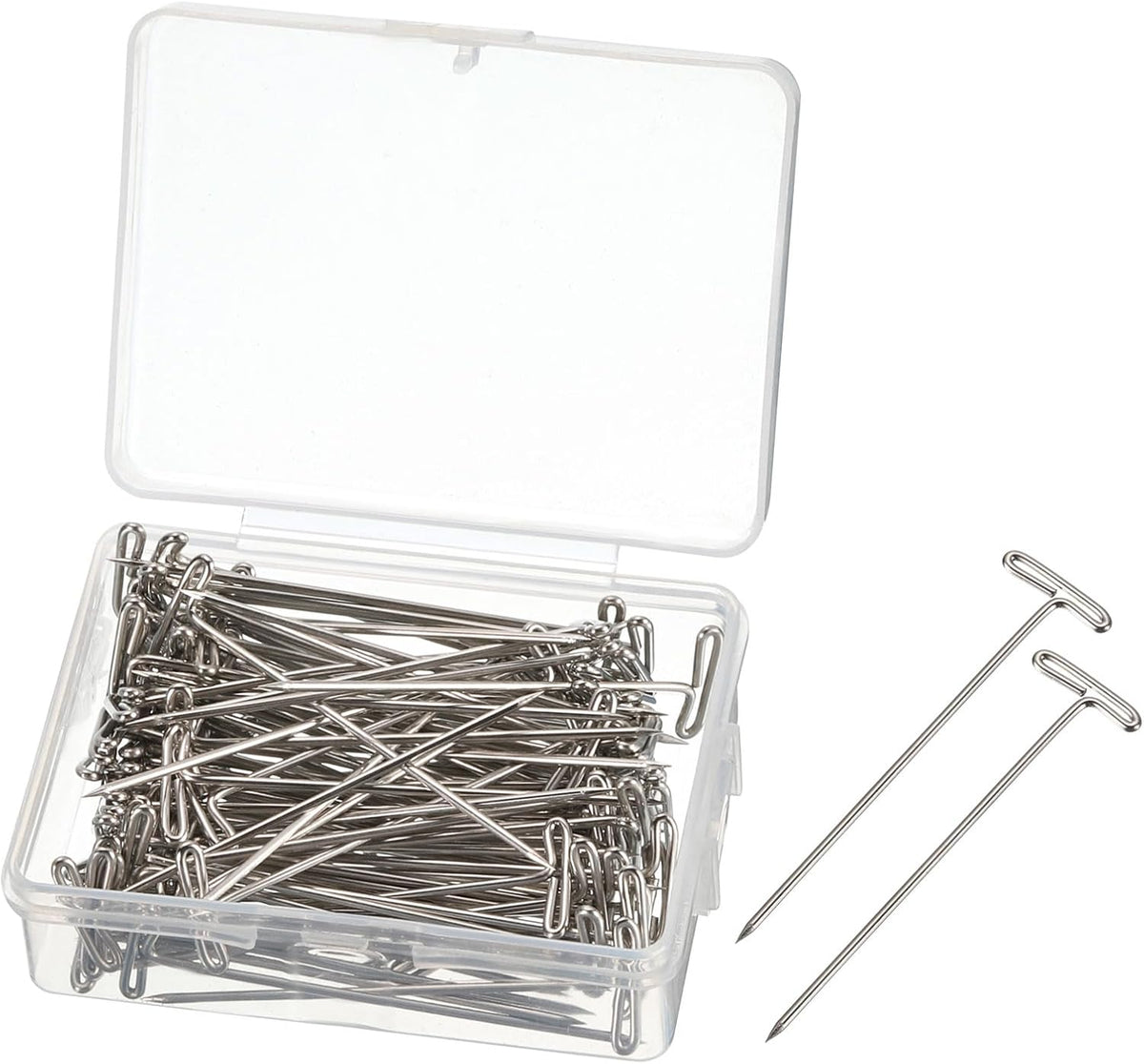 T Pins, 100 Pcs 2 Inch - Nickel Plated Steel Wire Wig T-pins with Plastic Box, Sewing Pins for Blocking Knitting Modelling Craft (Silver)
