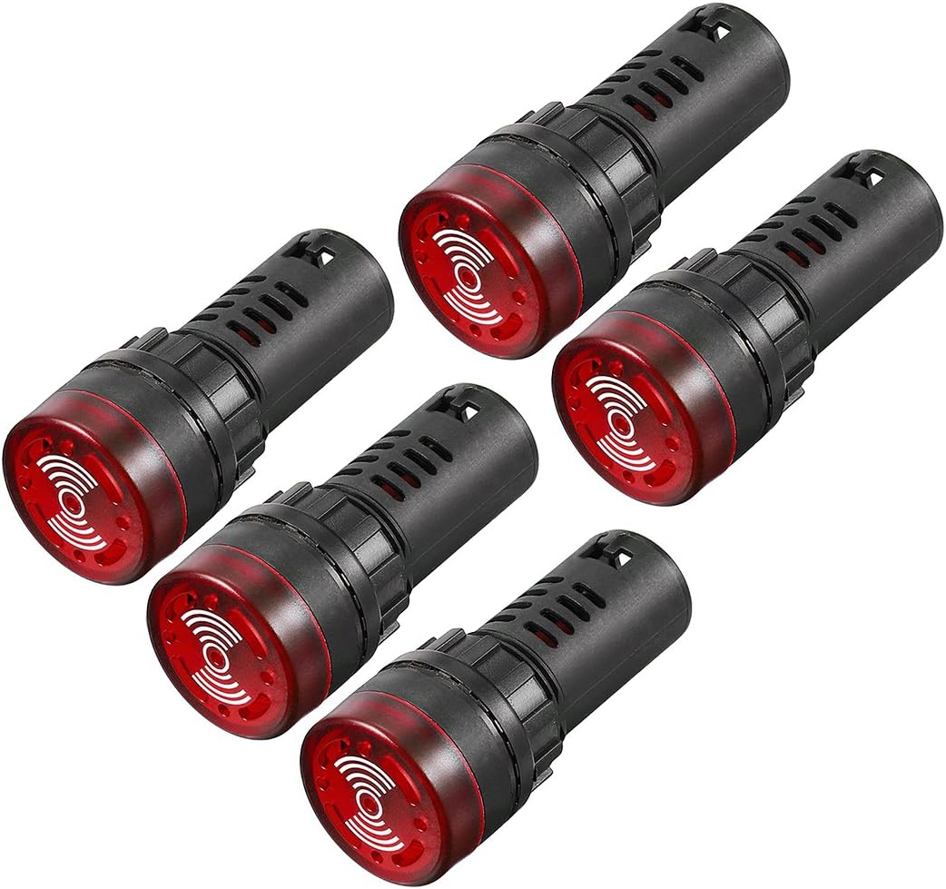 5Pcs Red Indicator Light with Buzzer AC/DC 110V, 22mm Panel Mount Flashing Alarm, for Electrical Control Panel, HVAC, DIY Projects