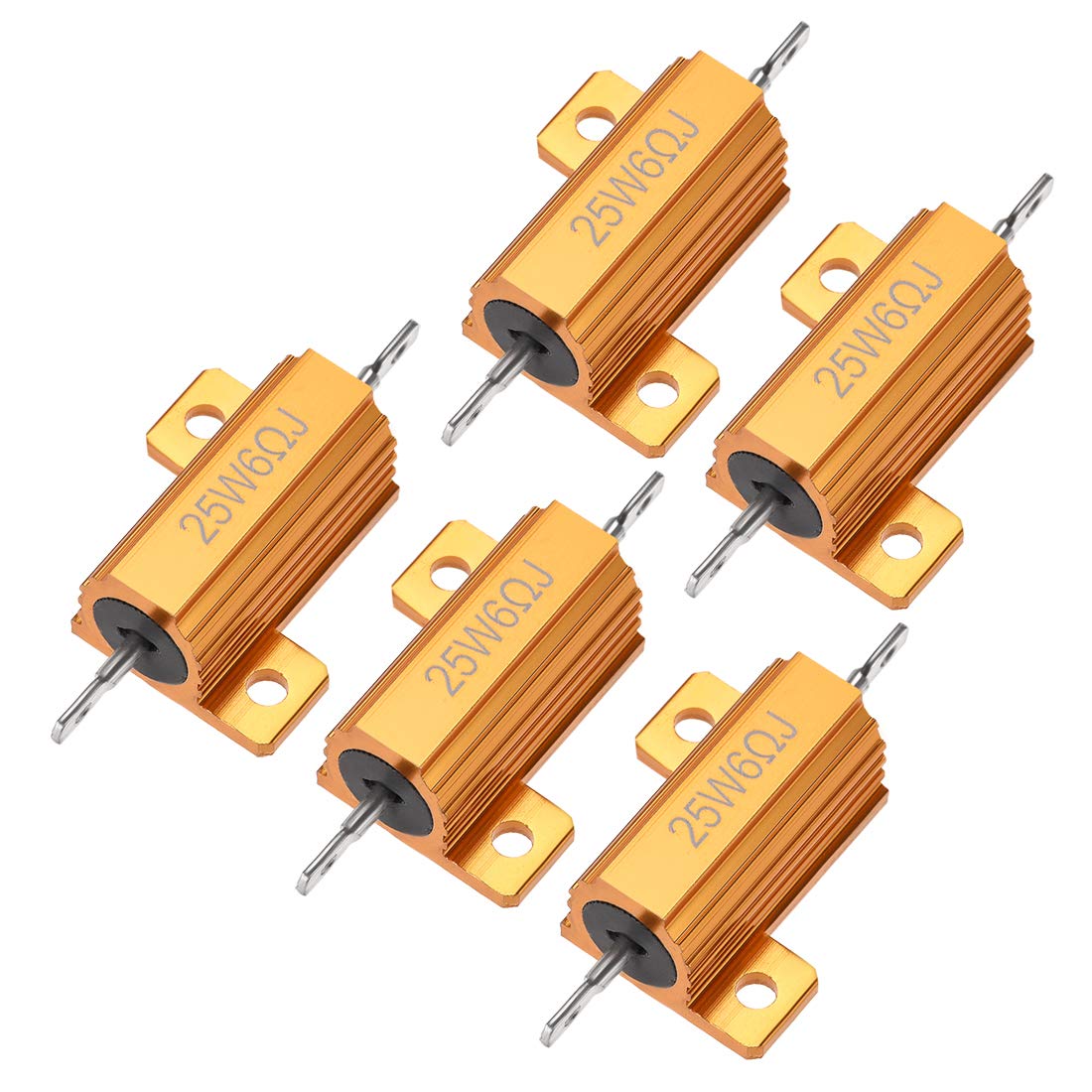 25W 6 Ohm 5% Aluminum Case Resistor Screw Tap Chassis Mounted Wirewound Load Resistors Gold Tone 5 Pcs